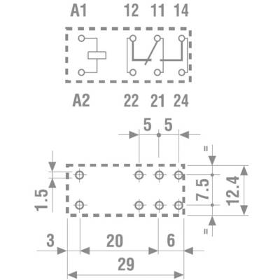 Symbole électrique de schéma d'un relais avec dimensions en millimètres. Montre les circuits et les bornes A1, A2, 11, 12, 14, 21, 22, 24.