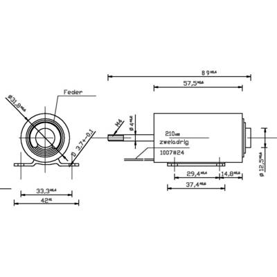 Dessin technique d'un moteur avec dimensions et spécifications en millimètres ; représente les vues latérale et frontale.