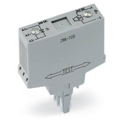 Relais électronique avec étiquette 'TEST', boîtier gris, symboles techniques et connexions pour A1+, A2-, et 24V DC.