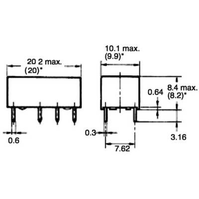Schéma des dimensions d'un composant électronique avec des indications de longueur spécifiques en millimètres, incluant les broches et les dimensions du boîtier.