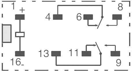 Schéma électrique avec bornes 1 à 16, montrant les connexions entre les contacts numérotés pour la commande de relais.