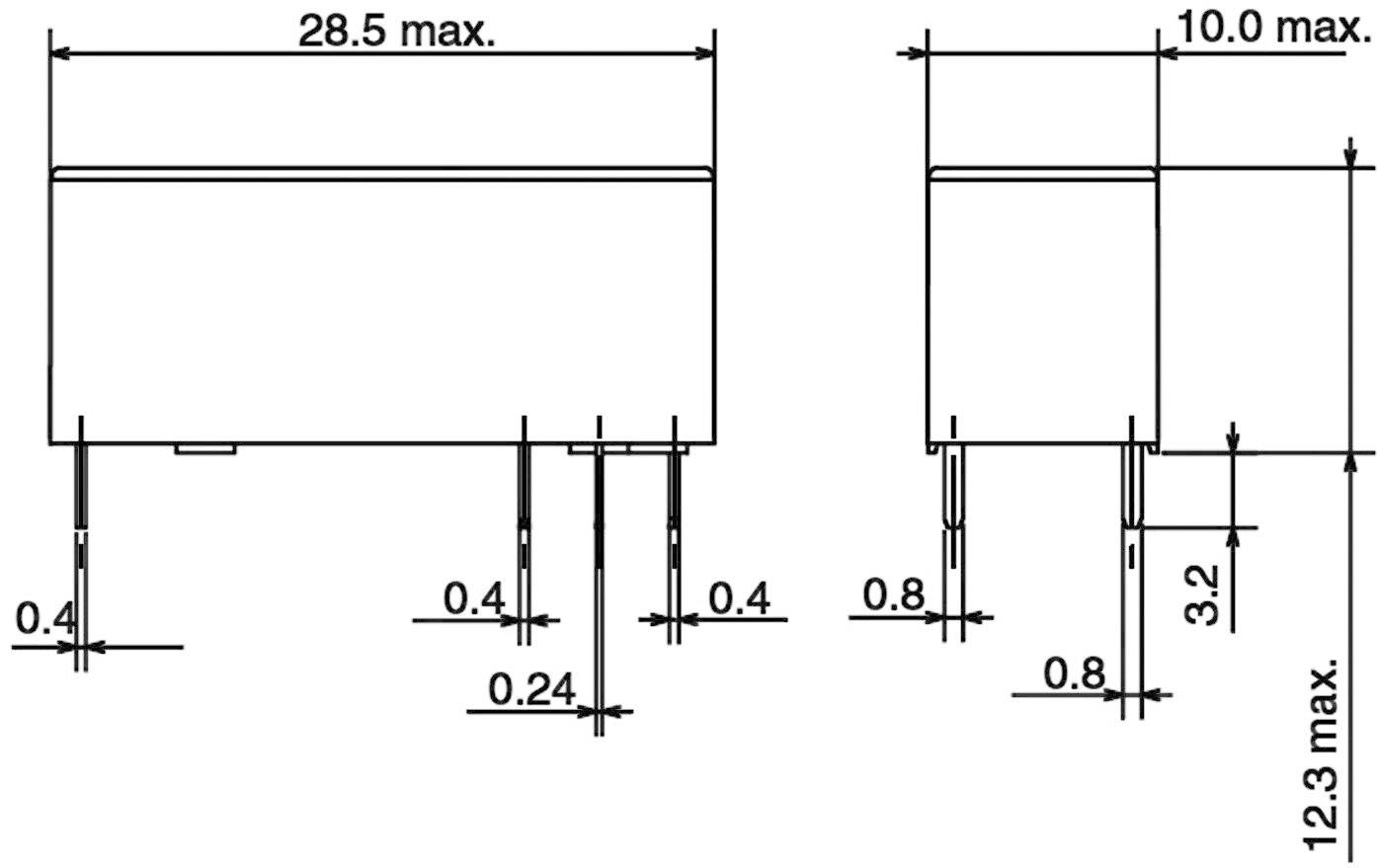 Dessin technique d'un composant électronique avec des dimensions maximales : largeur 28,5 mm, hauteur 12,3 mm, largeur des broches 0,8 mm.