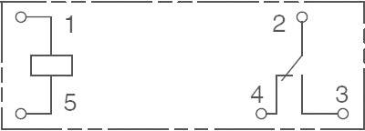 Symbole de commutation d'un relais avec une bobine à gauche (bornes 1 et 5) et un interrupteur à droite (bornes 2, 3 et 4).