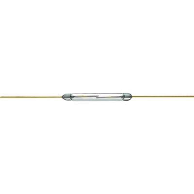 Un tube de verre doté de fils de cuivre à chacune de ses extrémités, représentant probablement un composant électronique, vraisemblablement un fusible.