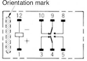 Schéma de circuit d'un composant électrique avec indication des numéros de broches (1-12) et de la polarité. Marquage d'orientation à gauche.