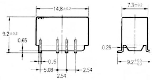 Composant électronique avec dimensions : longueur 14,8 mm, hauteur 9,2 mm, largeur 7,3 mm. Les broches de connexion ont des espacements spécifiques.
