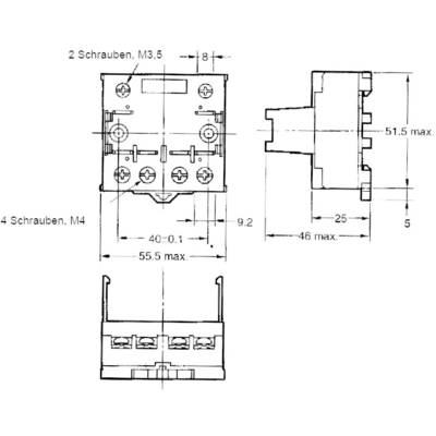 'Dessin technique d'un connecteur électrique avec dimensions et positions des vis. En haut : 2 vis, M3,5. À gauche : 4 vis, M4. Dimensions : 55,5 x 51,5 x 46 mm.'