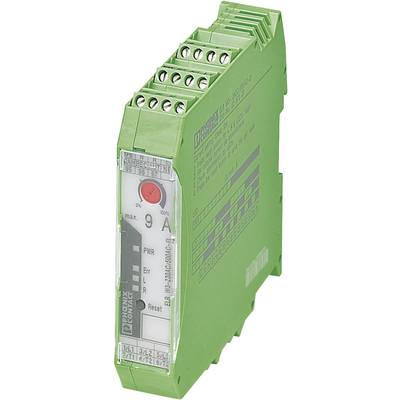 Appareil électronique vert de Phoenix Contact, 9A, avec plusieurs bornes de connexion en haut, des voyants lumineux et un bouton de réinitialisation.