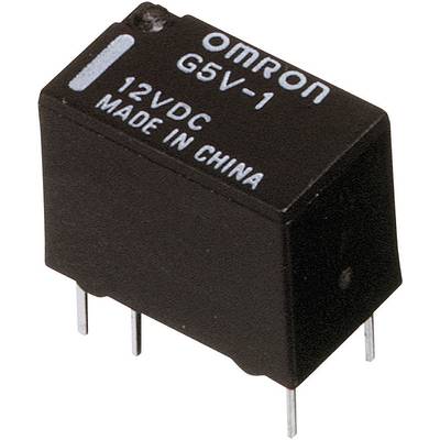 Relais avec l'inscription 'OMRON G5V-1 12VDC MADE IN CHINA' ; composant rectangulaire noir avec quatre broches métalliques.