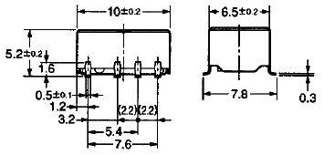 Dessin technique d'un composant avec indications dimensionnelles en millimètres. Vue de face indiquant une largeur de 10±0,2 mm, vue latérale de 6,5±0,2 mm.