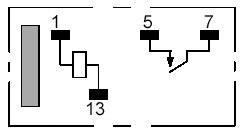 Deux schémas de circuit carrés : À gauche affiche '1', '13', à droite affiche '5', '7' avec une ligne entre les deux. Rectangle à l'extérieur à gauche.
