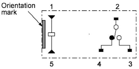Diagramme d'un interrupteur électrique avec cinq bornes, numérotées de 1 à 5. Un point de repère est marqué à gauche.