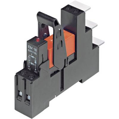Un module relais noir et orange, étiqueté 'EM 18' et '6/24 V DC', montre des bornes de connexion et un indicateur rouge sur sa face supérieure.