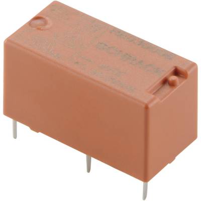 Un relais orange avec quatre broches métalliques pour connexions électroniques. L'inscription indique le numéro de modèle et les spécifications techniques.
