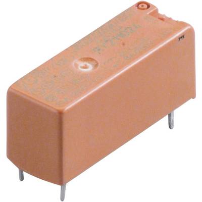 Un bloc relais rectangulaire orange avec deux broches métalliques à sa base pour une fixation dans des circuits électroniques.