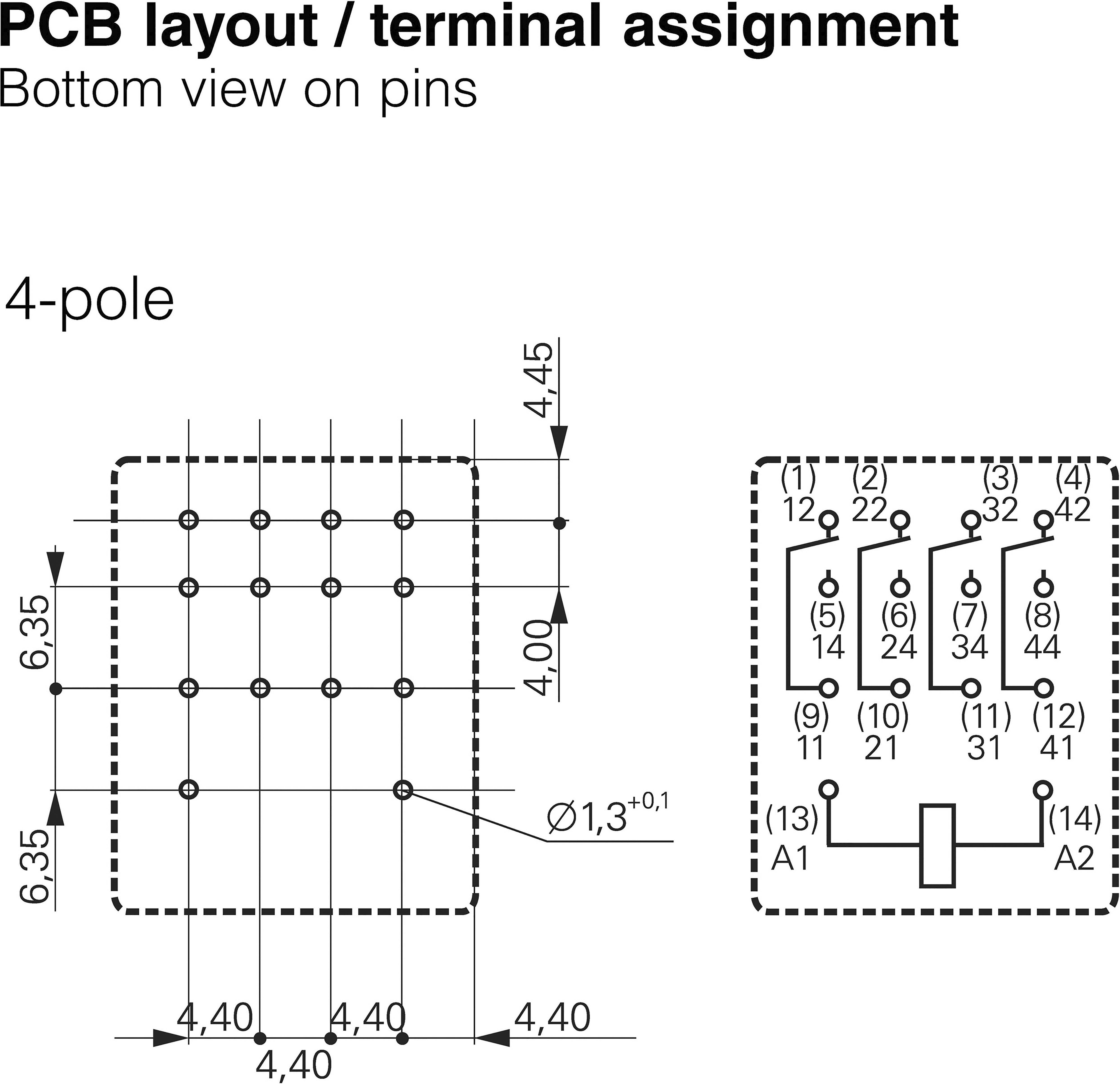 'Disposition PCB 4 pôles, vue de dessus des broches. Dimensions : 6,35x4,40 mm. Répartition des connexions : 1-4 en haut, 5-8 au milieu, 9-12 en bas.'