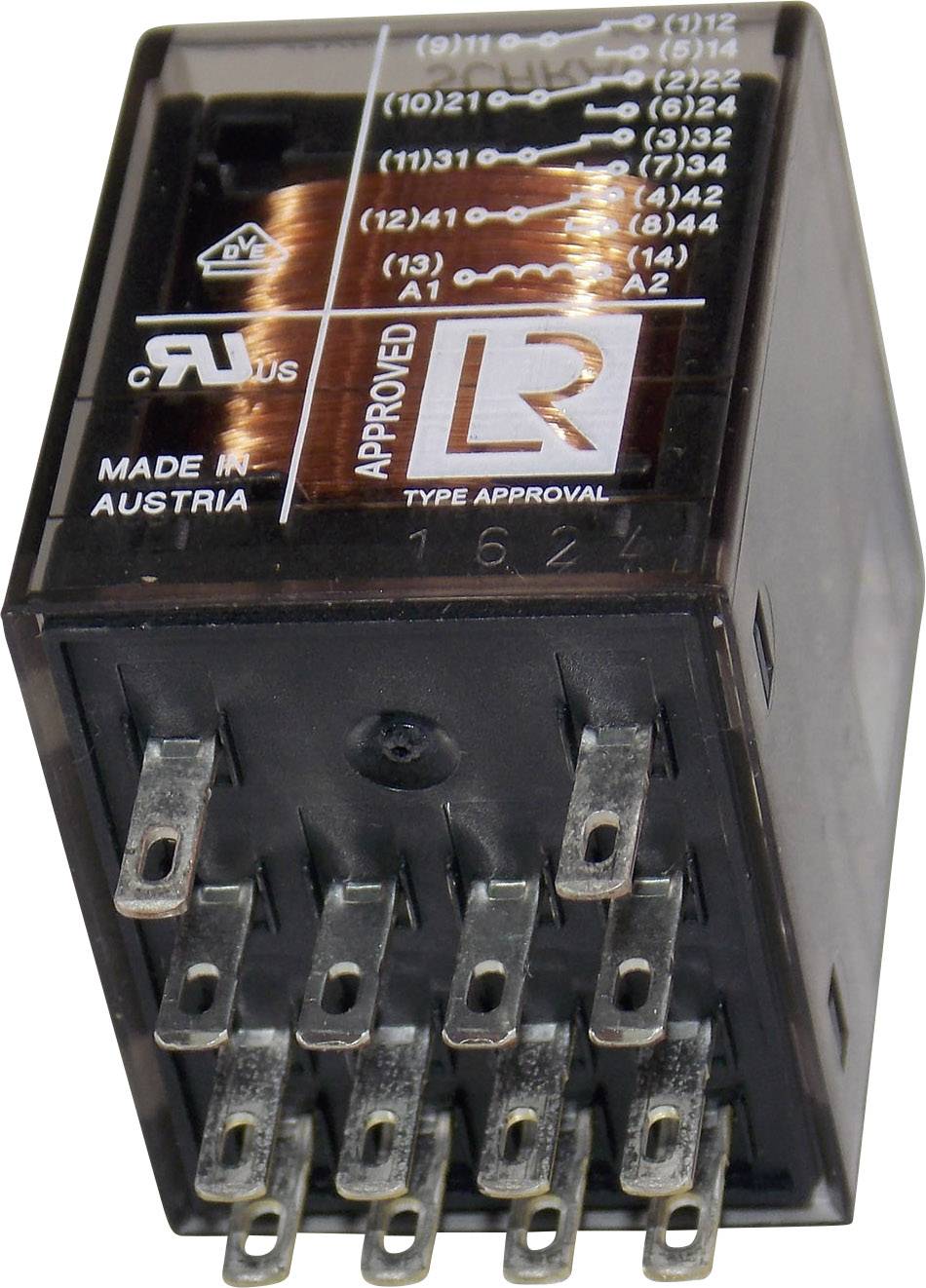 Relais électromécanique à broches multiples, montrant l'enroulement et les schémas de câblage sur la face supérieure. Étiquettes : 'MADE IN AUSTRIA', 'TYPE APPROVAL'.
