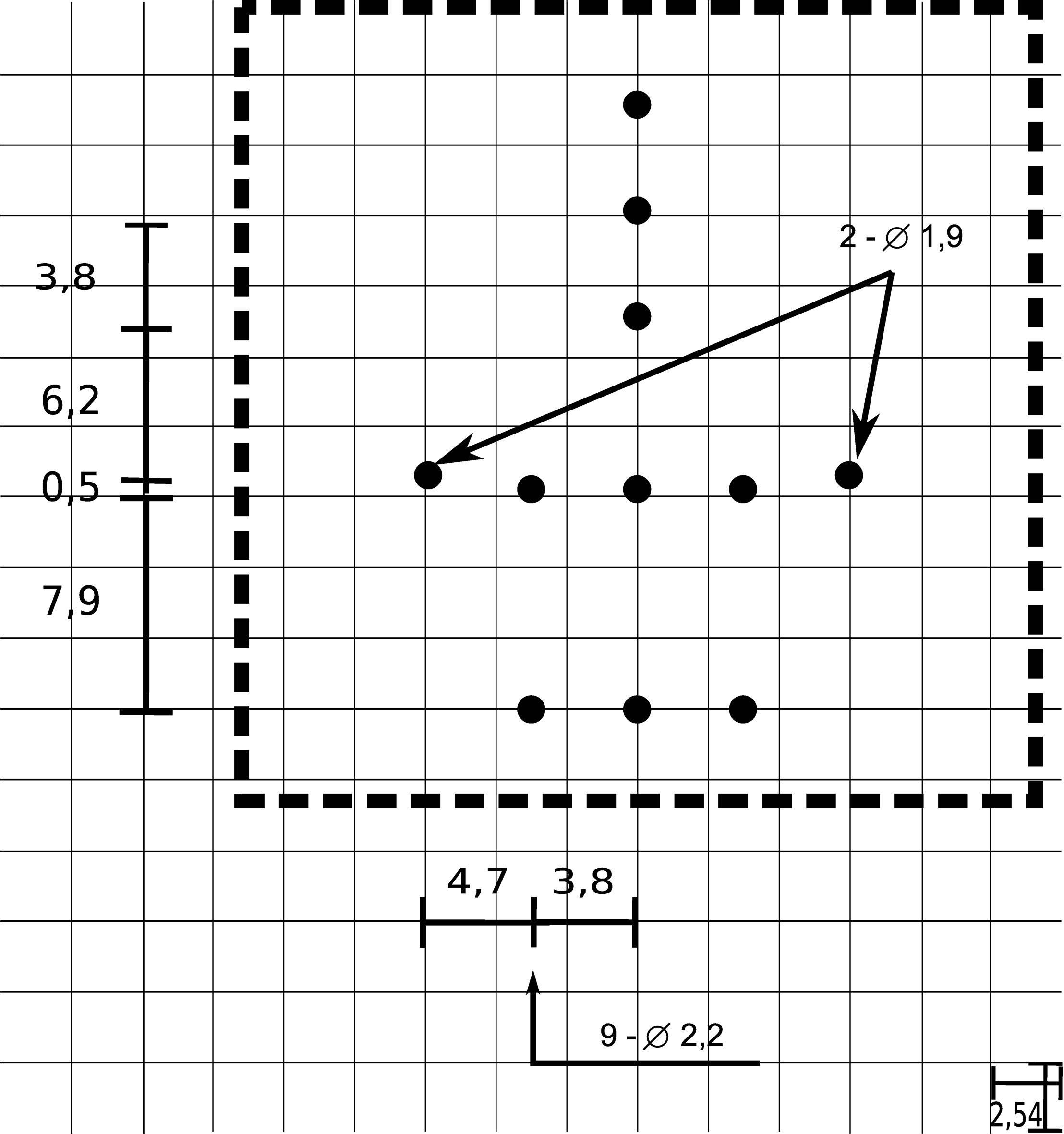 Diagramme d'un système de coordonnées avec des points, une flèche et des mesures. Flèche principale reliant deux points avec l'étiquette '2-ø 1,9'.