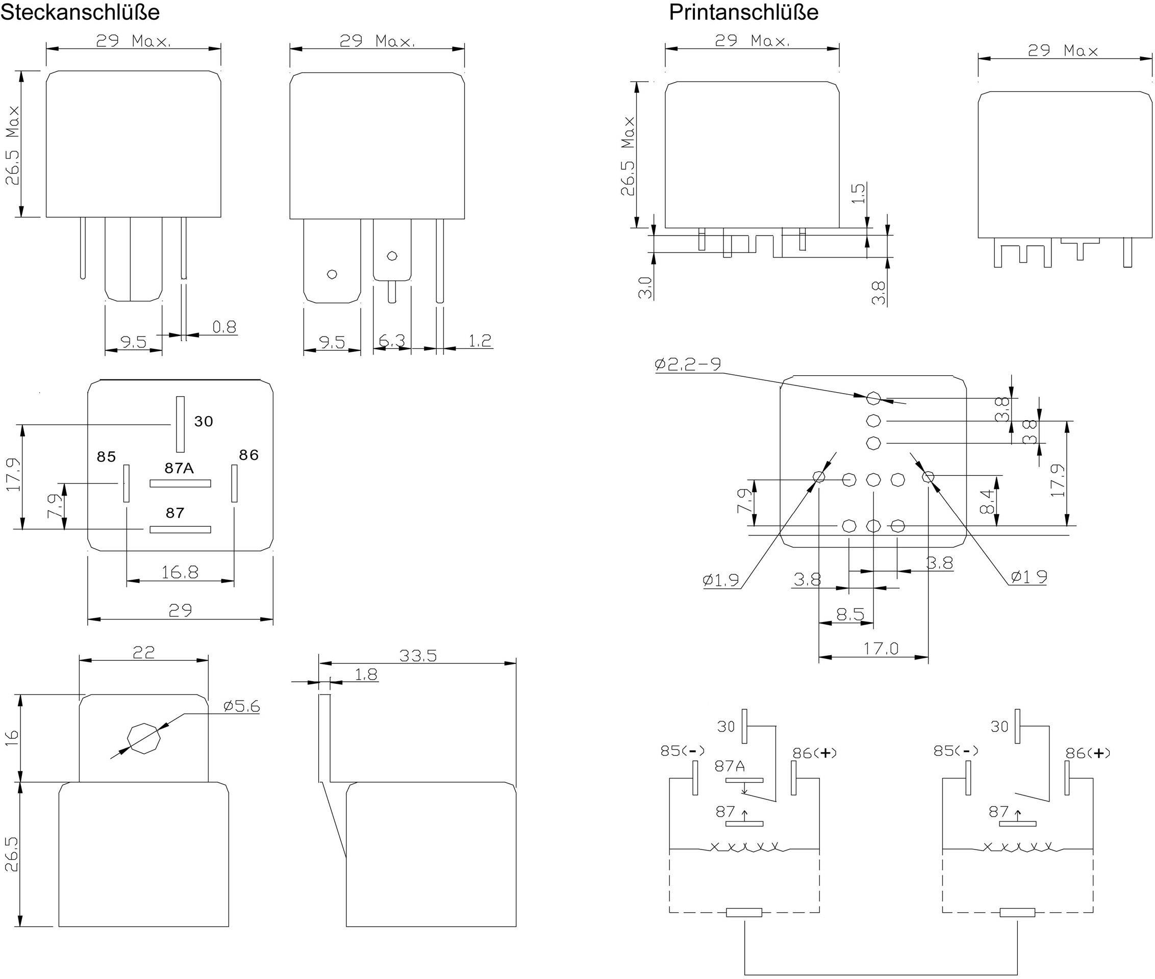 'Dessin technique de deux relais : à gauche avec connexions enfichables, à droite avec connexions sur circuit imprimé. Les dimensions et la configuration des broches sont représentées.'