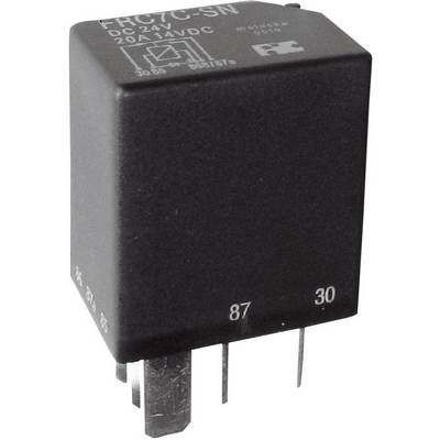 Relais noir portant l'inscription 'FRC7C-SN DC24V 20A 14VDC', doté de plusieurs connexions et d'un logo RC. Utilisable pour des circuits électriques.