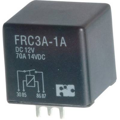 'Relais FRC3A-1A, CC 12V, 70A, 14VCC' est imprimé sur un boîtier rectangulaire noir. Montre un schéma de connexion et un symbole.