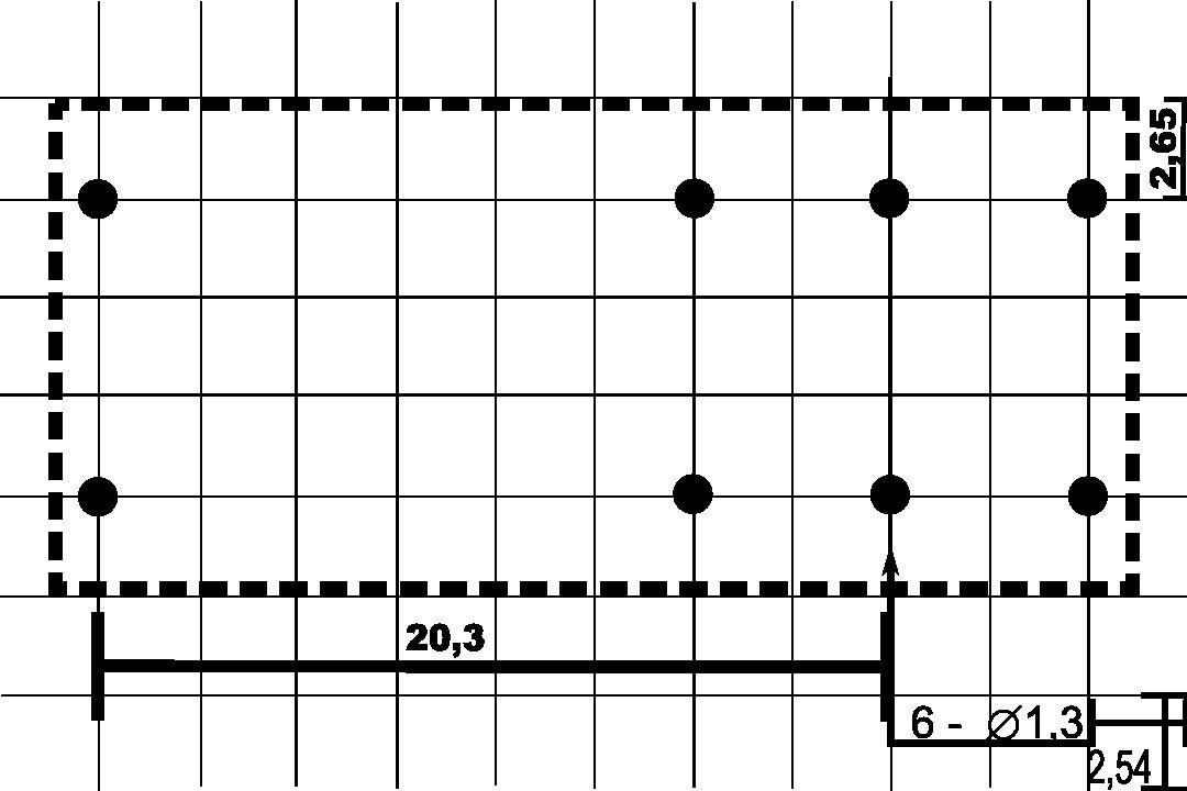 Dessin technique d'une grille de perçage rectangulaire à six points. Dimensions : 20,3 unités de largeur, 2,54 et 2,65 unités de hauteur.