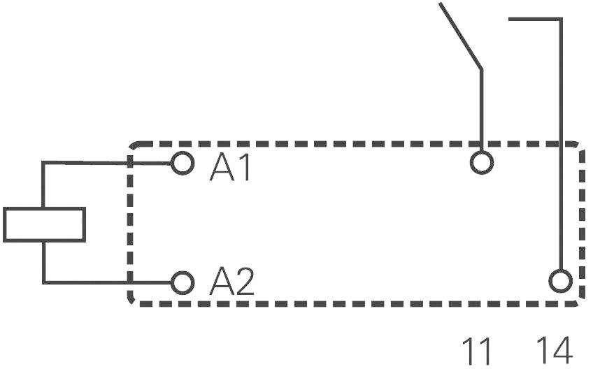 Schéma de câblage d'un relais avec bornes de bobine A1 et A2 et contacts de commutation 11 et 14.
