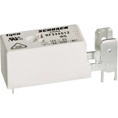 'Relais Schrack RF334012, 12V DC, 16A/250V AC1, Chine. Boîtier blanc avec connexions métalliques.'