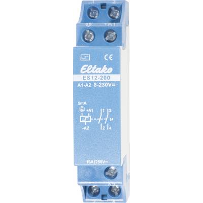 Relais-interrupteur Eltako ES12-200 bleu avec description technique, adapté pour 8-230V, 16A/250V, 5mA, numéro de modèle ES12-200.