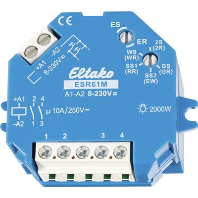 Relais Bleu Eltako ESR61M avec différentes bornes de connexion et caractéristiques techniques, adapté pour une tension de service de 8-230V.