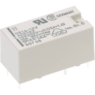 Relais électrique rectangulaire avec l'inscription 'DE1-12V' sur le dessus, adapté pour 250V/10A, certifié VDE, boîtier blanc.
