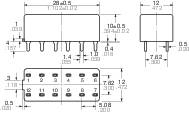 Dessin technique d'un composant électronique rectangulaire à neuf broches, représenté avec des dimensions détaillées en millimètres.