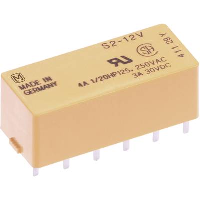 Un relais jaune, étiqueté 'S2-12V', 'MADE IN GERMANY', spécifications : 4A 250VAC, 3A 30VDC. Forme rectangulaire, plusieurs broches.