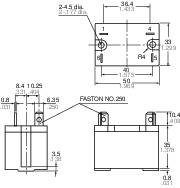 Dessin technique d'un composant électrique rectangulaire avec des dimensions en millimètres et des connexions en haut.