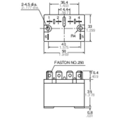 Dessin technique d'un composant électrique avec des dimensions en millimètres. Il présente des vues de dessus et de face ainsi que des points de connexion.