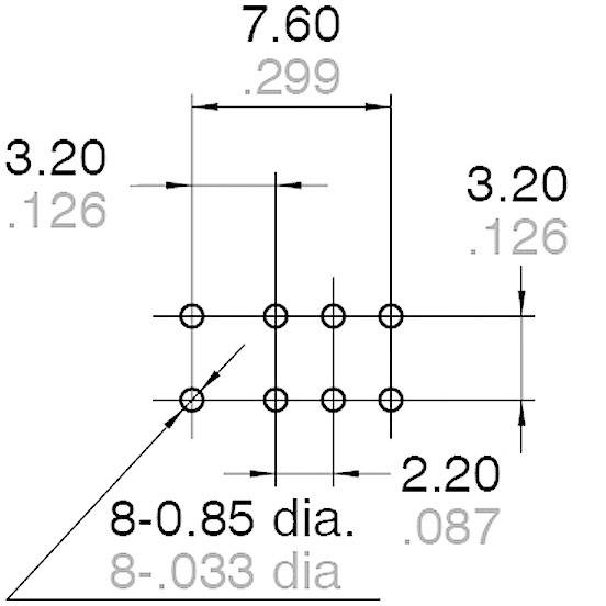 Dessin technique montrant un motif de perçage avec des dimensions en millimètres : 7,60 de largeur, 3,20 de distance verticale, 2,20 de ligne horizontale.