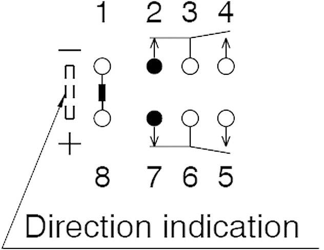 Schéma d'un plan de circuit électrique avec des points numérotés de 1 à 8. Des flèches indiquent les directions. Légende : Indication de direction.