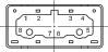 Dessin technique d'un connecteur électrique avec des broches numérotées de 1 à 8. Forme rectangulaire avec un design symétrique.