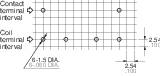 Le diagramme montre les dimensions des connexions de contacts et de bobines d'une grille. L'écart entre les bornes de contact est de 2,54 mm. 6-1,5 DIA marque un diamètre de perçage.