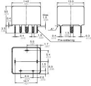 Dessin technique d'un composant électronique avec dimensions en millimètres. La vue présente les perspectives de face, de côté et de dessous.