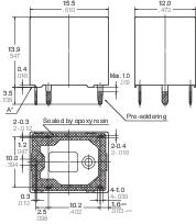 Dessin technique d'un composant électrique avec dimensions en millimètres. En haut : Vue de face et vue latérale. En bas : Vue de dessus.