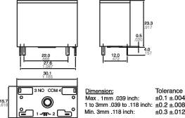 Dessin technique d'un relais avec trois vues. Dimensions et tolérances sont indiquées. La vue principale montre une forme rectangulaire avec trois bornes.