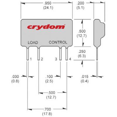 Dimensions et brochage d'un relais statique Crydom. Largeur 0,950", hauteur 0,500". Quatre broches : 1-2 pour la charge, 3-4 pour le contrôle.