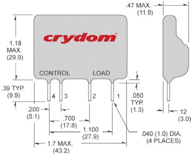 Diagramme d'un relais statique Crydom avec dimensions en pouces et millimètres. Broches : 1-2 'Contrôle', 3-4 'Charge'. Hauteur maximale : 1,18 pouces, largeur : 1,7 pouces.