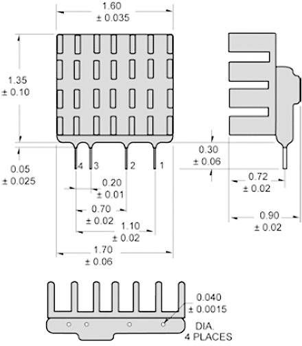 Dessin technique d'un composant électronique avec dimensions et tolérances. Présente les vues de face, de côté et de dessous.