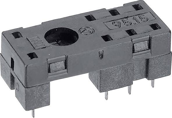 Un socle électrique noir, rectangulaire, doté de plusieurs broches métalliques sur sa face inférieure pour un montage sur circuit imprimé, adapté aux relais.
