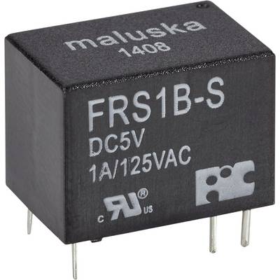 Relais Maluska FRS1B-S DC5V 1A/125VAC avec quatre broches métalliques et logo de certification UL sur un boîtier noir.
