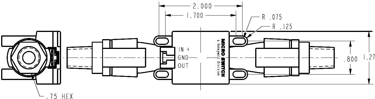 Dessin technique d'un connecteur avec des cotes en pouces. Montre différents composants, la symétrie et les détails de connexion.