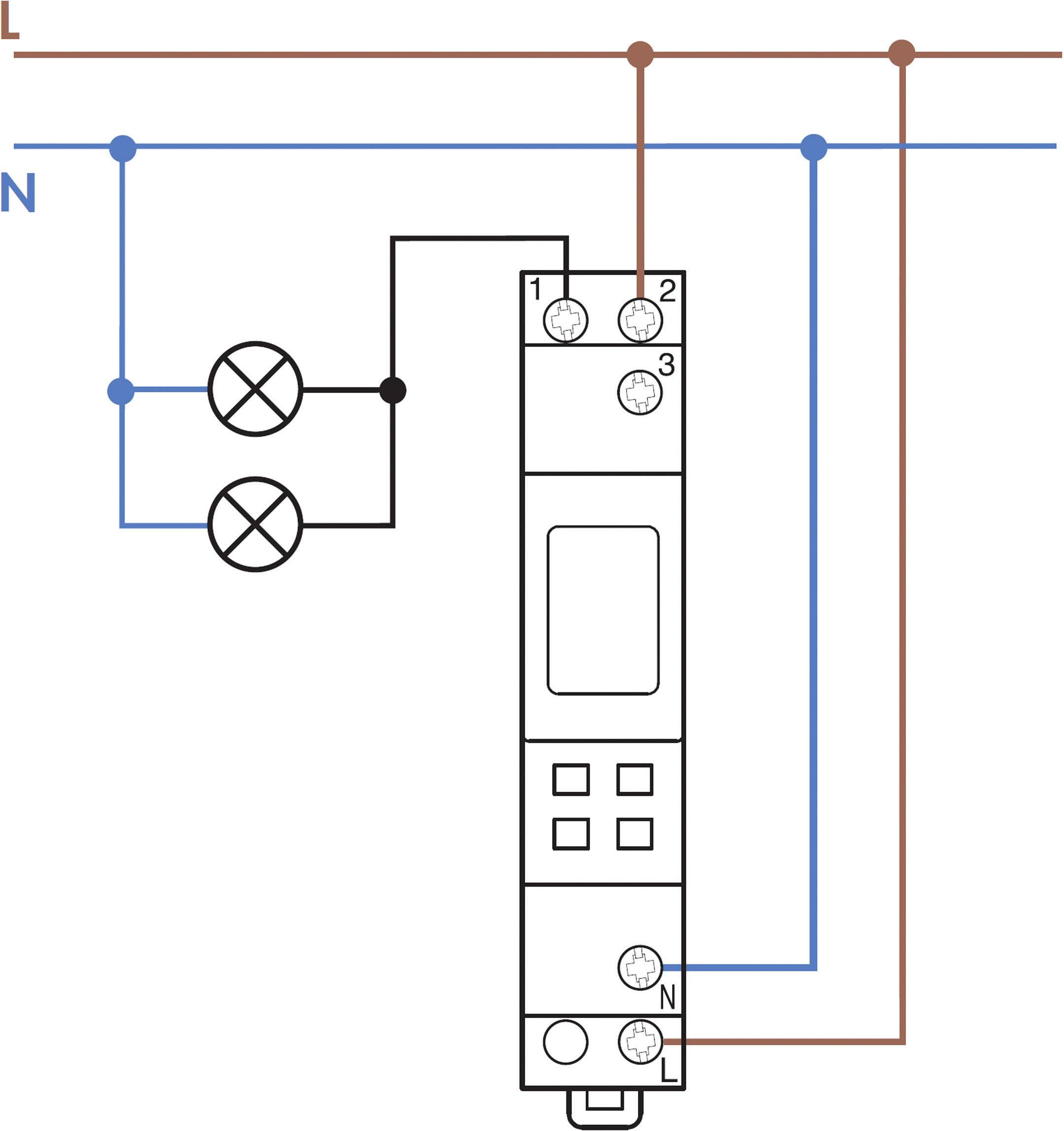 'Schéma de câblage avec deux lampes, connectées via un relais. Lignes électriques en bleu et marron. Relais avec bornes de 1 à 3.'