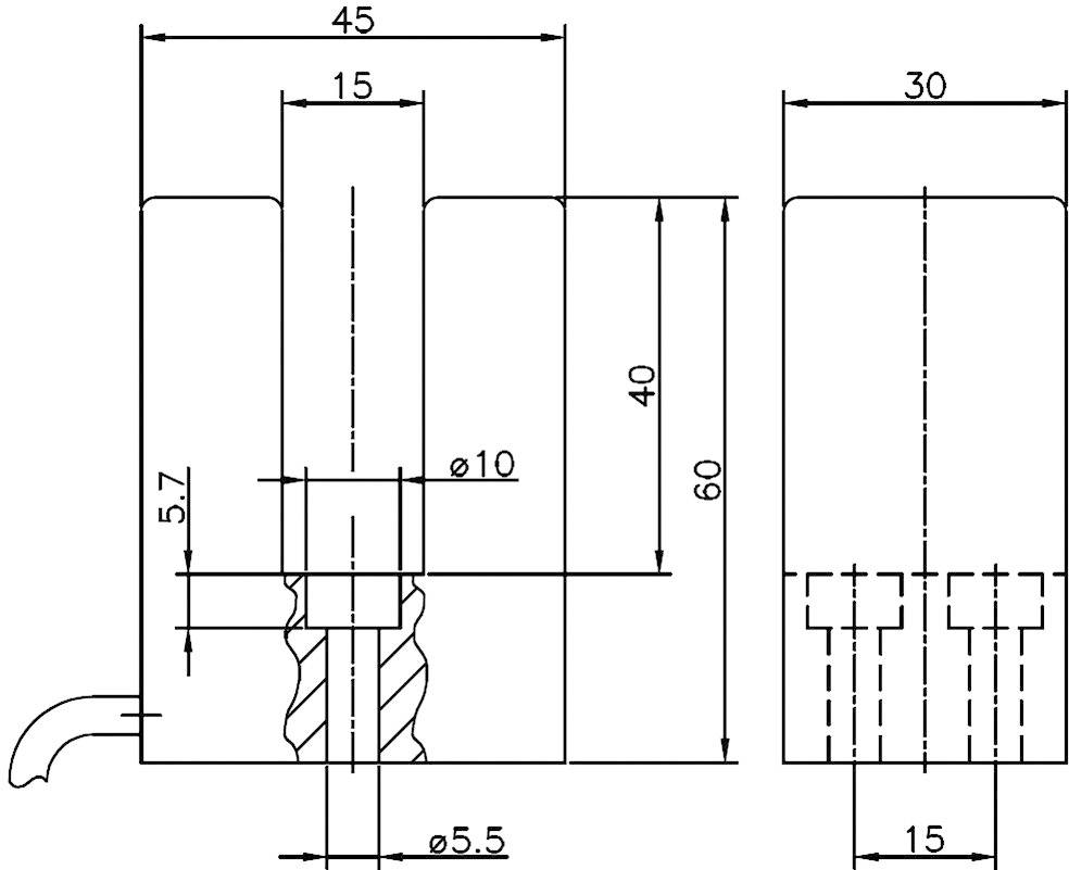 Dessin technique d'un composant avec dimensions : Largeur 45 mm, Hauteur 60 mm, Perçage Ø10 mm, Vue de côté et vue de dessus avec détails.